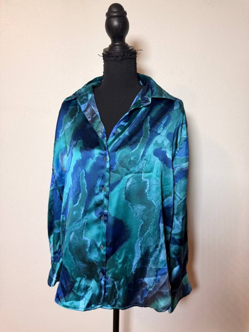 Bailey 44 Teal Blue Marble Print Satin Button Up Blouse Retro 70s Glam S
